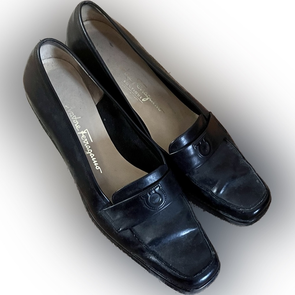 Salvatore Ferragamo black leather wedge loafers size 40 (9). Great Condition